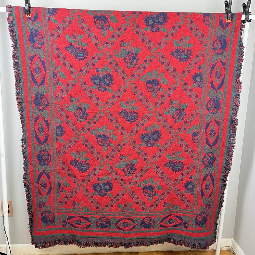 Vintage 90s Floral Tapestry Fringed Throw Blanket Grandma Cottagecore Boho 50x66